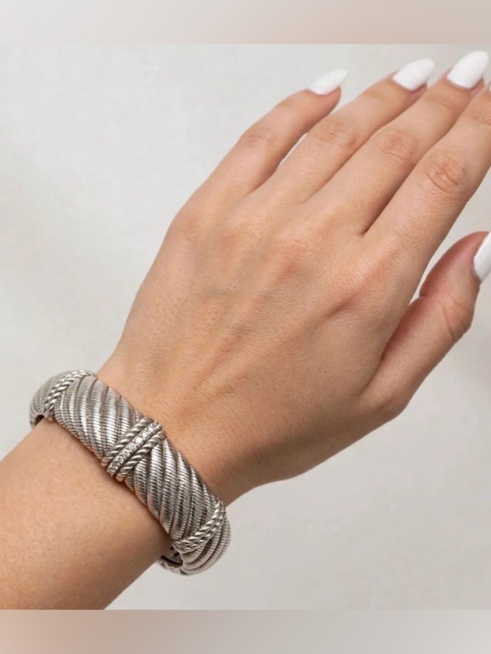 Judith Ripka Sterling Silver & CZ Cable Twist Hinged Cuff Bracelet Average Size